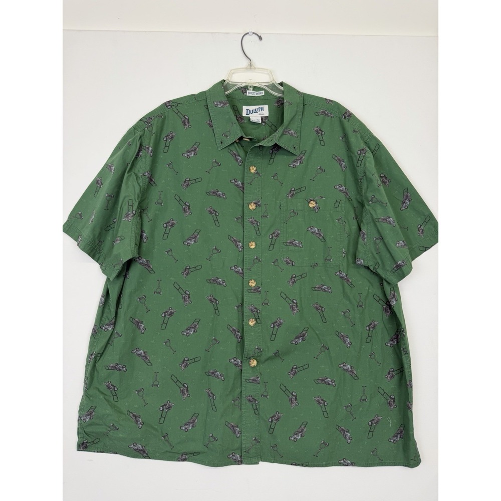 Duluth Trading Short Sleeve Shirt Mens 2XL Green Untucked Lawn Mower Print